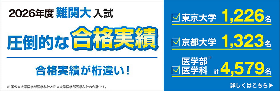 2026年度難関大入試 圧倒的な合格実績 合格実績が桁違い！ 東京大学 計1,226名 京都大学 計1,323名 医学部医学科 計4,579名（※） ※国公立大学医学部医学科計と私立大学医学部医学科計の合計です。 詳しくはこちら