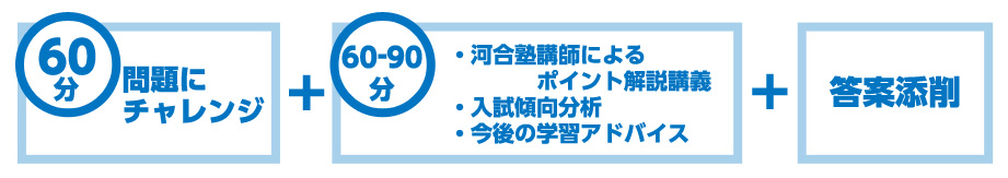 問題にチャレンジ(60分)+河合塾講師によるポイント解説講義/入試傾向分析/今後の学習アドバイス(60-90分)+答案添削